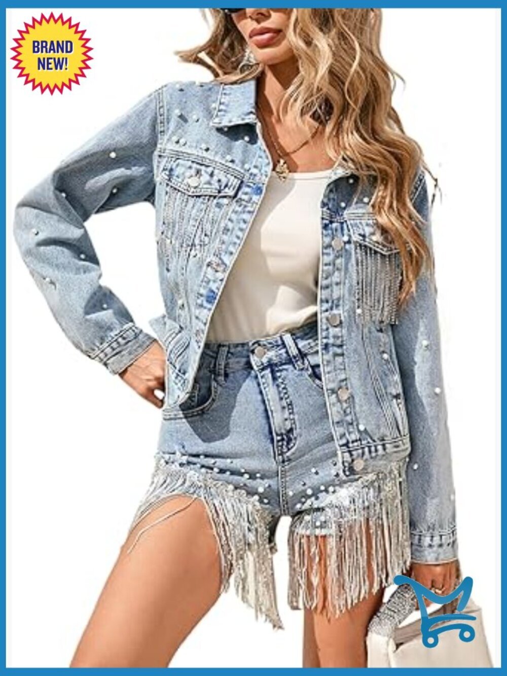 Pearl Tassel Jean Jacket with Heart Pearl Back Fringe Denim Coat